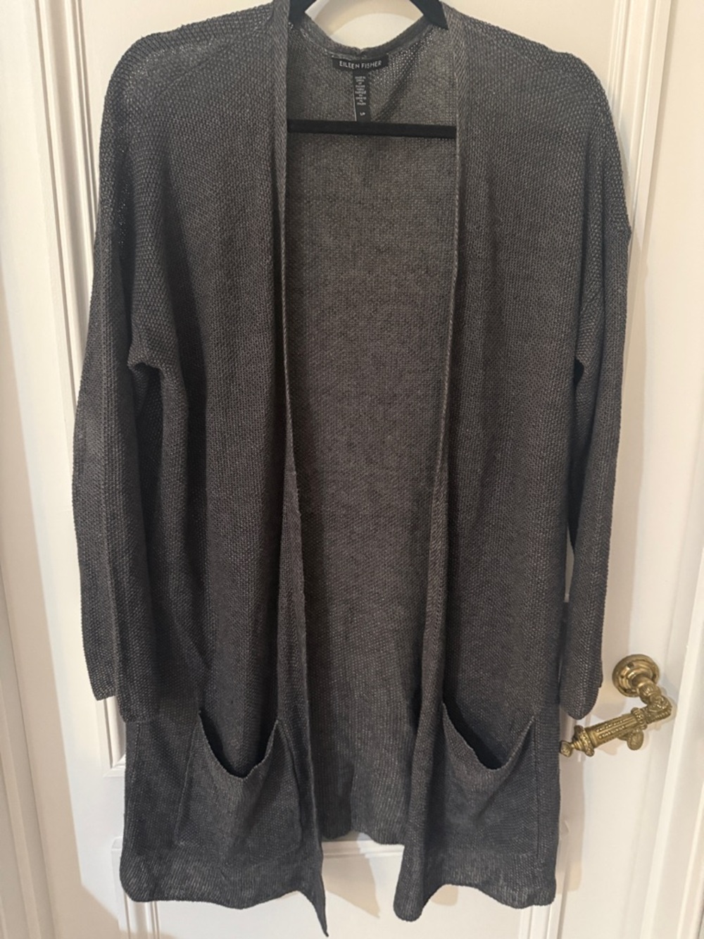 Eileen Fisher Organic Linen Charcoal Gray Open-Front Knit Cardigan - SP